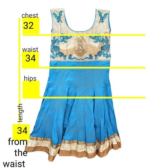 India Gold Border Sky Blue Turquoise Beads & Rhinestones Anarkali Long Dress - Picture 6 of 9